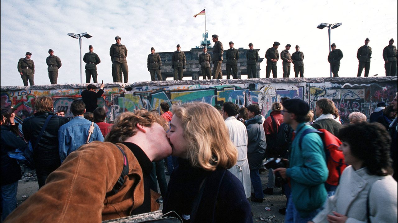 Celebration after the Berlin Wall opening on Nov. 11, 1989. Patrick PIEL/Gamma-Rapho via Getty Images